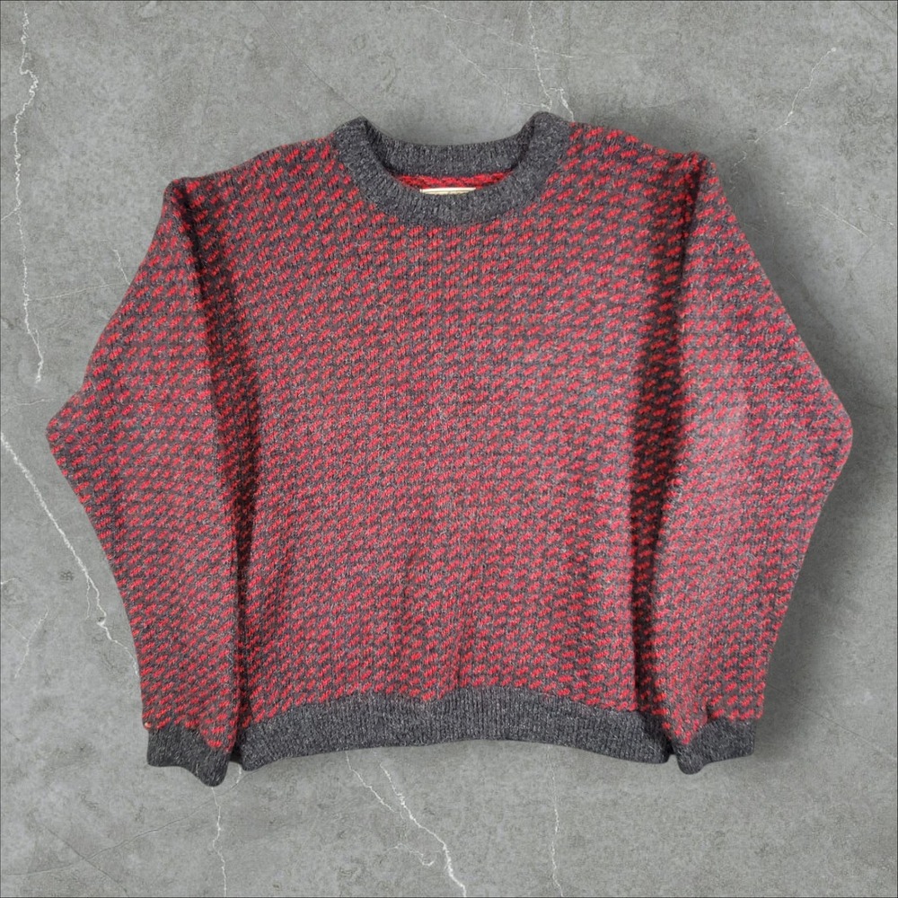 LL Bean Sweater Men XL Red Gray Wool Birdseye Knit Norway Pullover 01751 Vintage